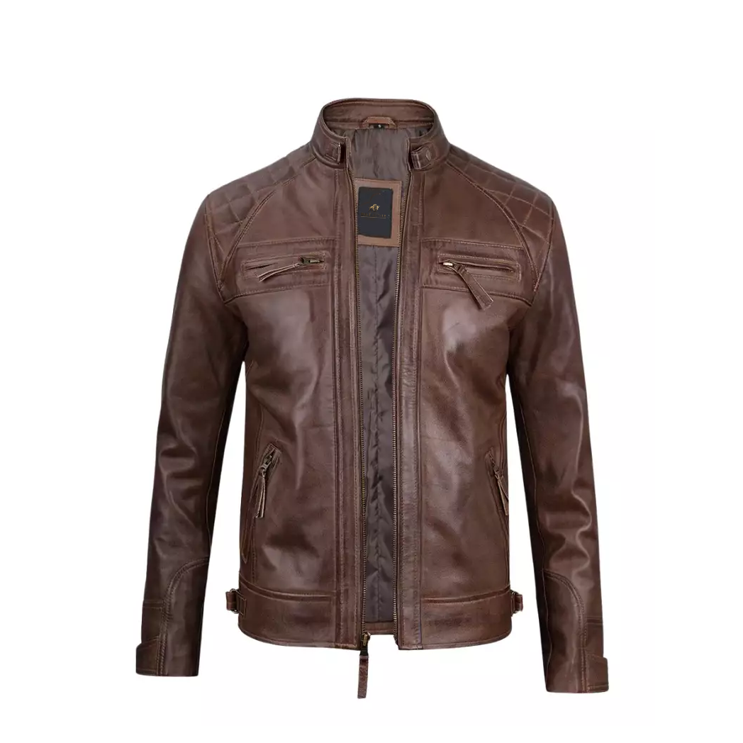 Mens Chocolate Brown Cafe Racer Quilted Leather Jacket