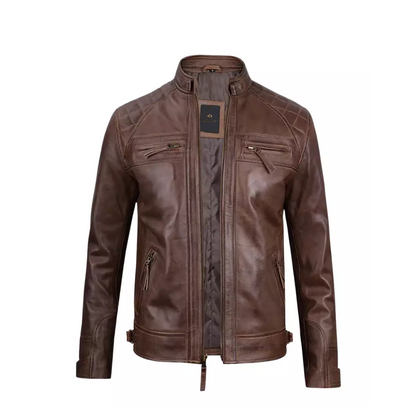 Mens Chocolate Brown Cafe Racer Quilted Leather Jacket