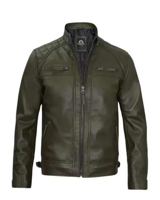Men Cafe Racer Green Leather Jacket
