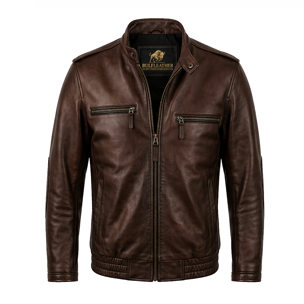 Mens Chocolate Brown Cafe Racer Quilted Leather Jacket