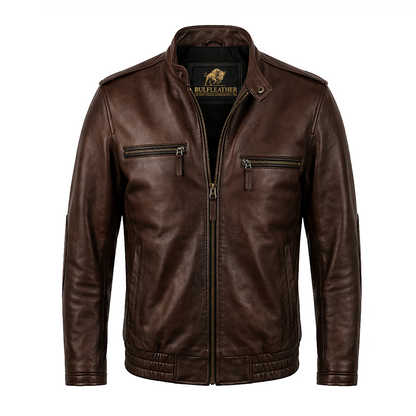 Mens Chocolate Brown Cafe Racer Quilted Leather Jacket
