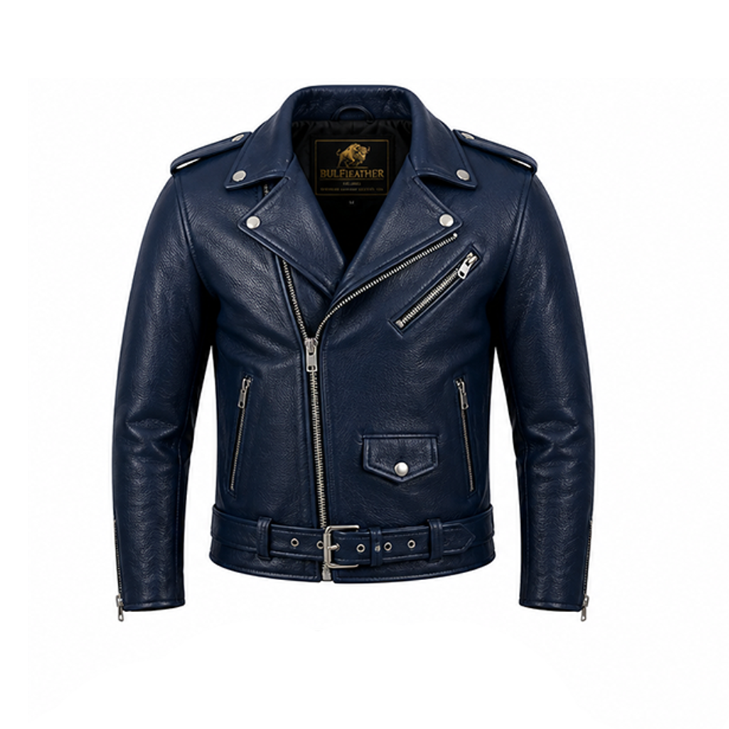 Blue Studded Motorcycle Leather Jacket