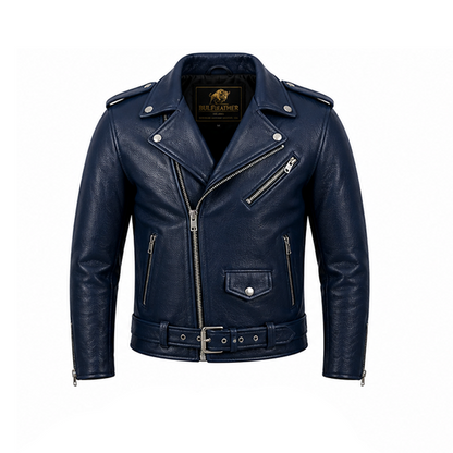 Blue Studded Motorcycle Leather Jacket