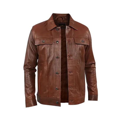 Men Brown Leather Trucker Jacket