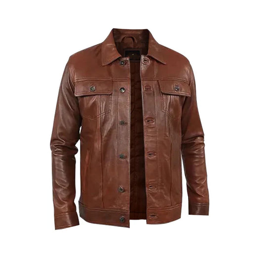 Men Brown Leather Trucker Jacket