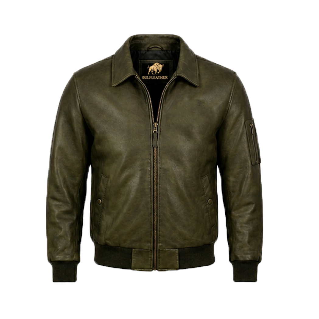 Men’s Olive Green Bomber Leather Jacket