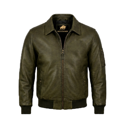 Men’s Olive Green Bomber Leather Jacket